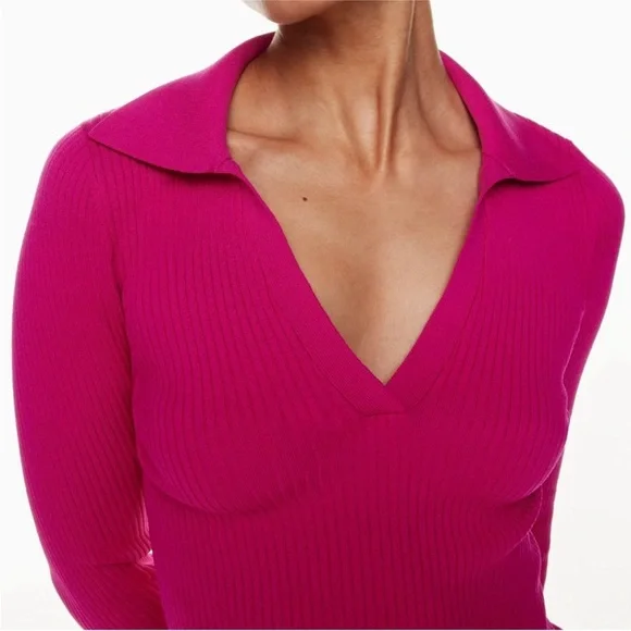 Babaton | S | Sculpt Knit Polo Longsleeve in Fushia - Picture 3 of 7